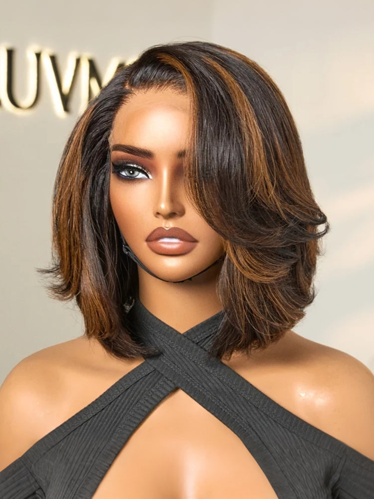 Toffee brown mix blonde and brown layered 5x5 closure lace bob wig by Luvme Hair, showing the natural layered style and pre-cut lace.