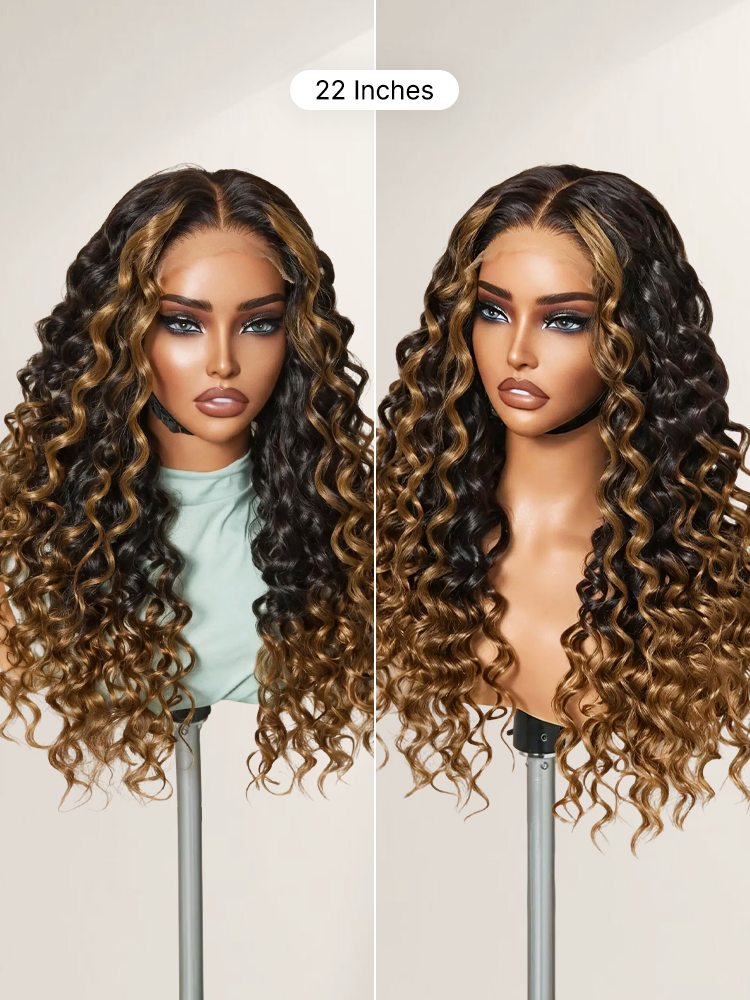 Luvme Hair brown ombre water wave 5x5 closure wig with curly texture, HD lace, and breathable cap for natural look and comfort
