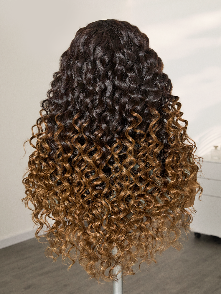 Luvme Hair fluffy brown ombre water wave 5x5 closure wig with HD lace, long curly style, breathable cap, glueless installation