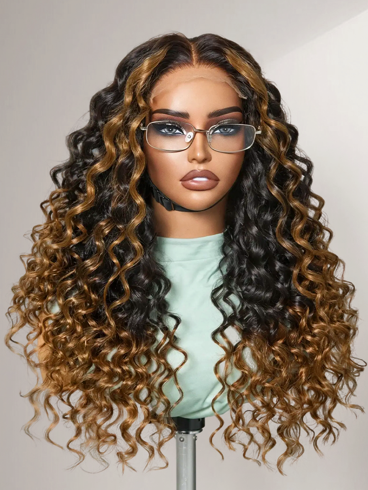 Luvme Hair 5x5 closure wig with long curly water wave style, fluffy brown ombre highlights, HD lace, breathable cap, glueless design