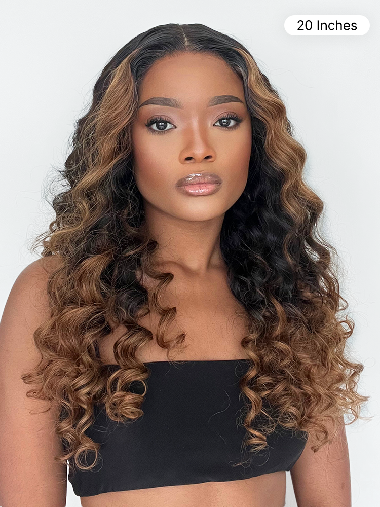 Luvme Hair fluffy brown ombre water wave 5x5 closure wig with long curly hair and breathable cap, HD lace for natural look