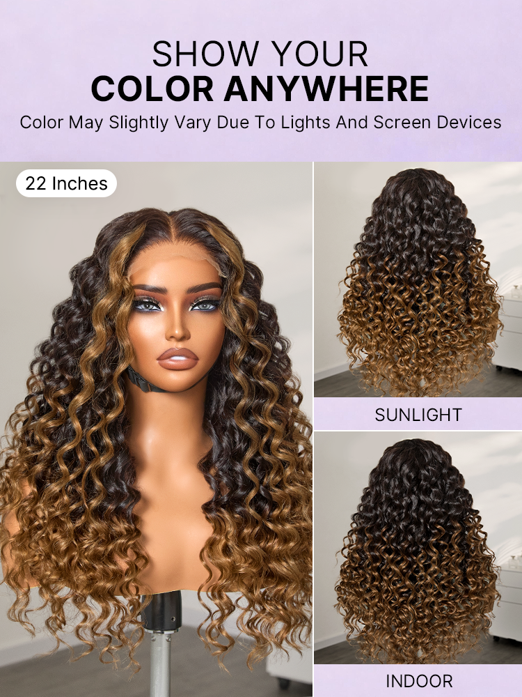 Luvme Hair 5x5 closure wig with fluffy brown ombre highlights, water wave curls, HD lace, long style, breathable cap