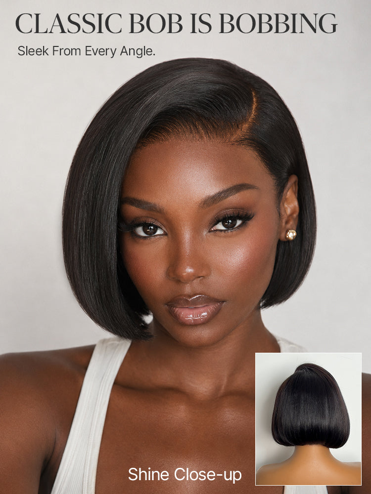 Luvme Hair 180% density sleek short bob HD lace wig with pre-cut lace and all-day comfort cap, styled for a minimalist look.