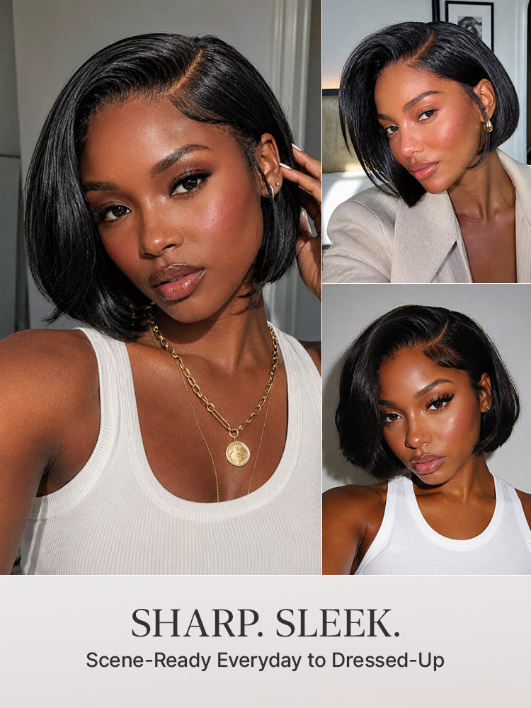 Luvme Hair 180% density sleek short bob HD lace wig with pre-cut lace and all-day comfort cap showing smooth, straight hair.