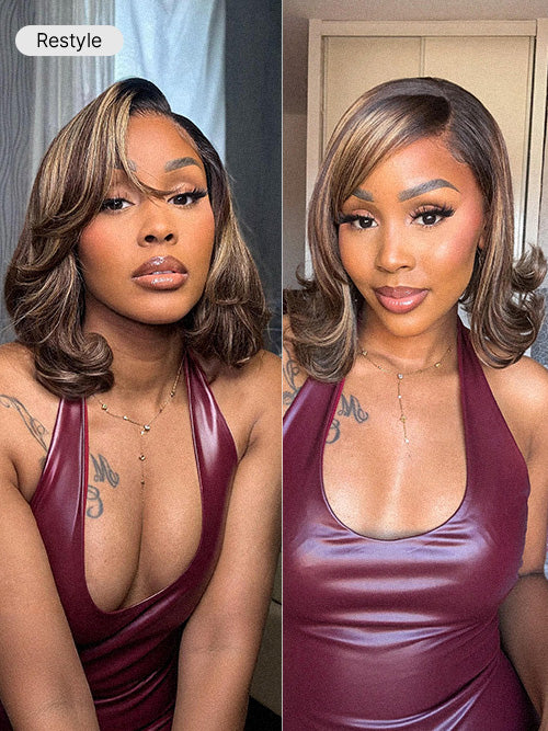 Blonde and brown highlight short layered bob wig with 5x5 lace closure, glueless style from Luvme Hair.