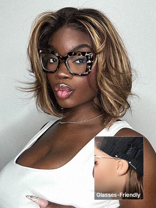 Blonde and brown highlight short layered bob wig with 5x5 lace closure, glueless design, by Luvme Hair