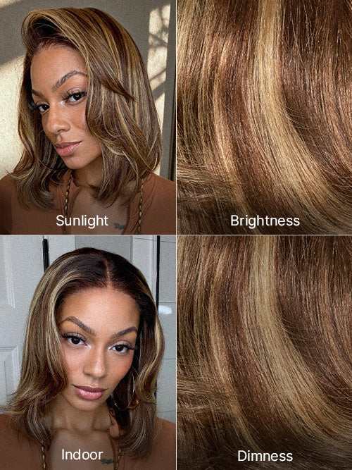 Blonde and brown highlight short layered bob wig with glueless 5x5 lace closure, by Luvme Hair, styled for a natural look.