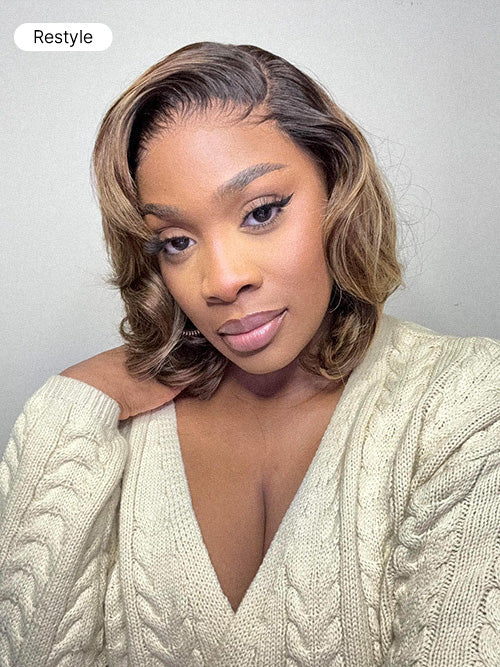Blonde and brown highlight short layered bob wig with glueless 5x5 closure by Luvme Hair, pre-cut lace for easy wear.