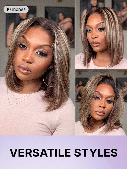Blonde and brown highlight short layered bob wig with glueless 5x5 lace closure, pre-cut lace, from Luvme Hair.
