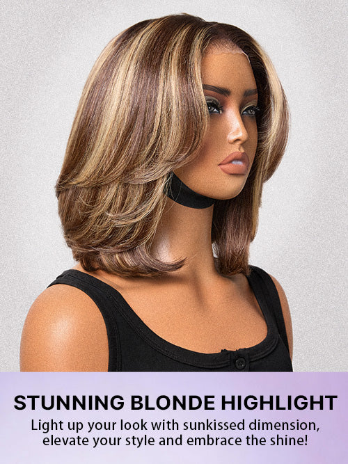Blonde and brown highlight short layered bob wig with glueless 5x5 lace closure from Luvme Hair, showcasing the stylish wig front view.