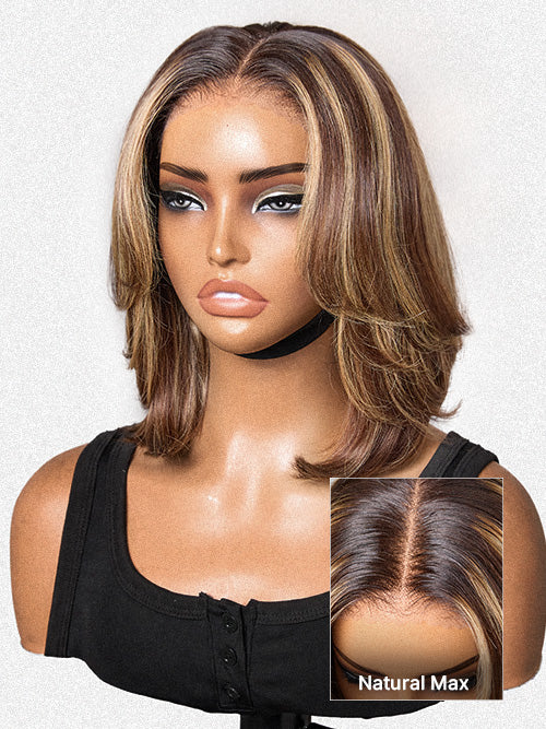 Blonde and brown highlight short layered glueless bob wig with 5x5 lace closure by Luvme Hair, showcasing the wig's color and style.
