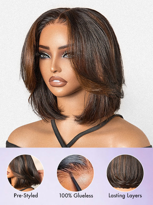 Blonde and brown highlight short layered bob wig with 5x5 lace closure, glueless style, by Luvme Hair.