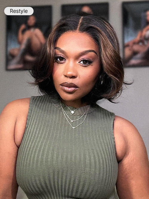 Blonde and brown highlighted short layered bob wig with 5x5 lace closure, glueless design, by Luvme Hair.