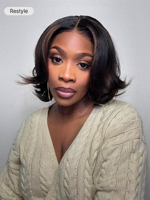 Blonde and brown highlight short layered bob wig with glueless 5x5 closure from Luvme Hair, showing the wig on a mannequin head.