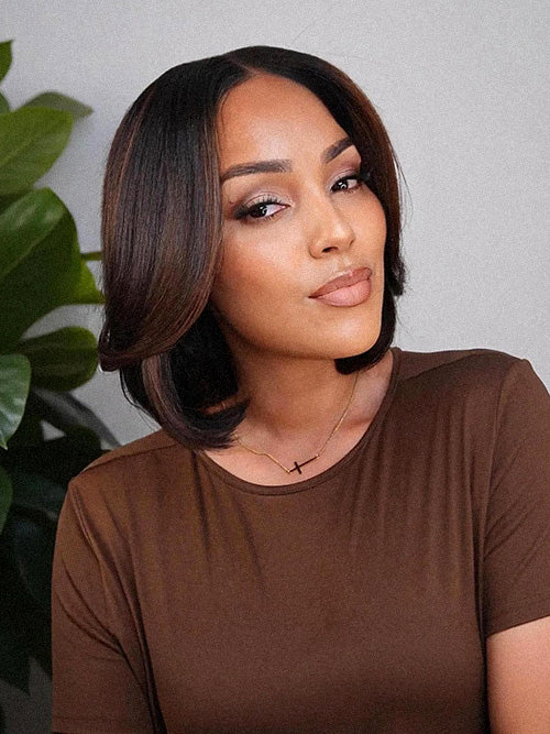 Blonde and brown highlight short layered bob wig with 5x5 lace closure, glueless style, by Luvme Hair.