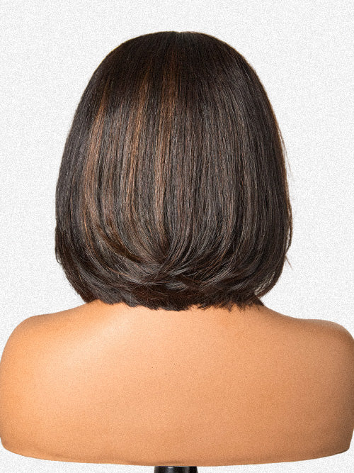 Blonde and brown highlight short layered bob wig with glueless 5x5 lace closure by Luvme Hair, showcasing the wig's texture and color.