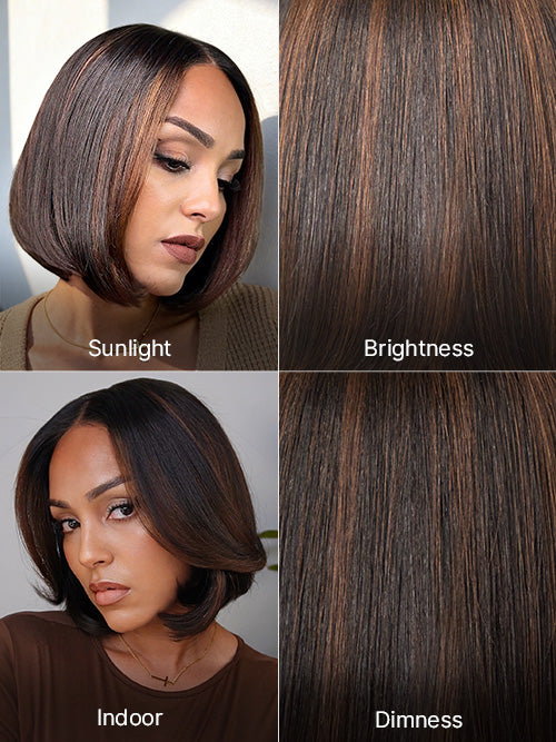 Blonde and brown highlight short layered bob wig with 5x5 lace closure, glueless style, by Luvme Hair.