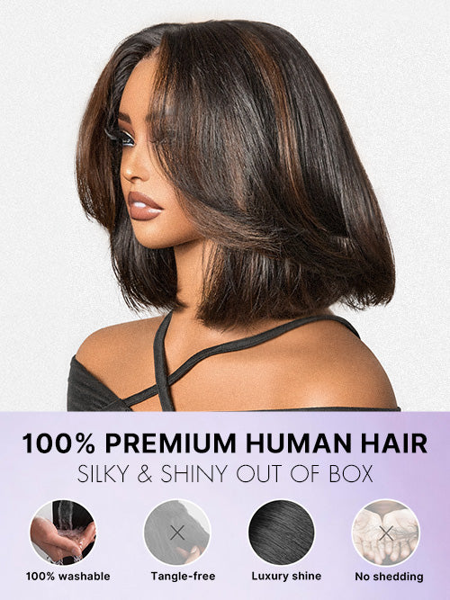 Blonde and brown highlight short layered bob wig with glueless 5x5 lace closure, styled on a mannequin head.
