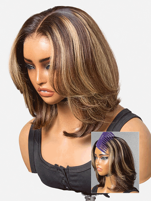 Blonde and brown highlight short layered bob wig with glueless 5x5 lace closure by Luvme Hair.