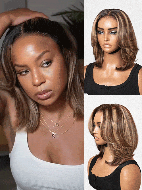 Blonde Highlight / Brown Highlight Short Layered Bob Wig Glueless 5x5 Closure Pre-Cut Lace Wig-41