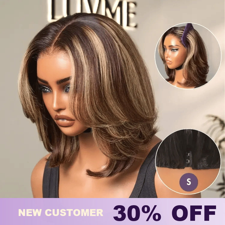 Blonde and brown highlight short layered bob wig with glueless 5x5 lace closure from Luvme Hair.