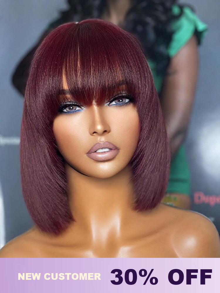 Reddish purple realistic glueless Yaki straight bob wig with bangs and lace cap by Luvme, designed for all-day comfort.