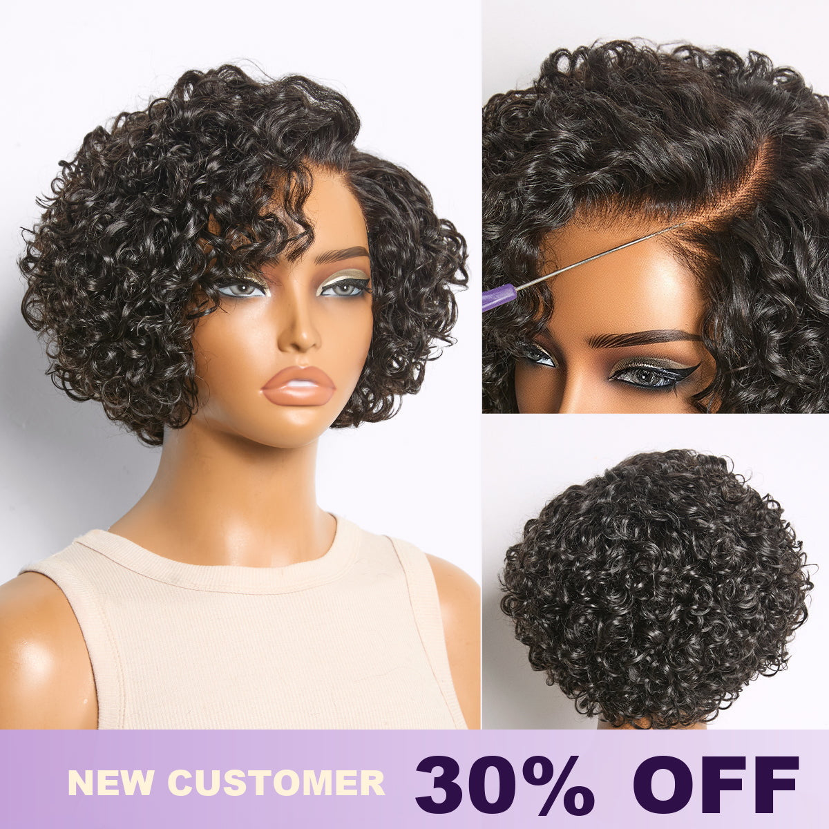 Luvme Hair water wave pixie cut wig with short curly style, HD lace, and glueless design for a minimalist look.