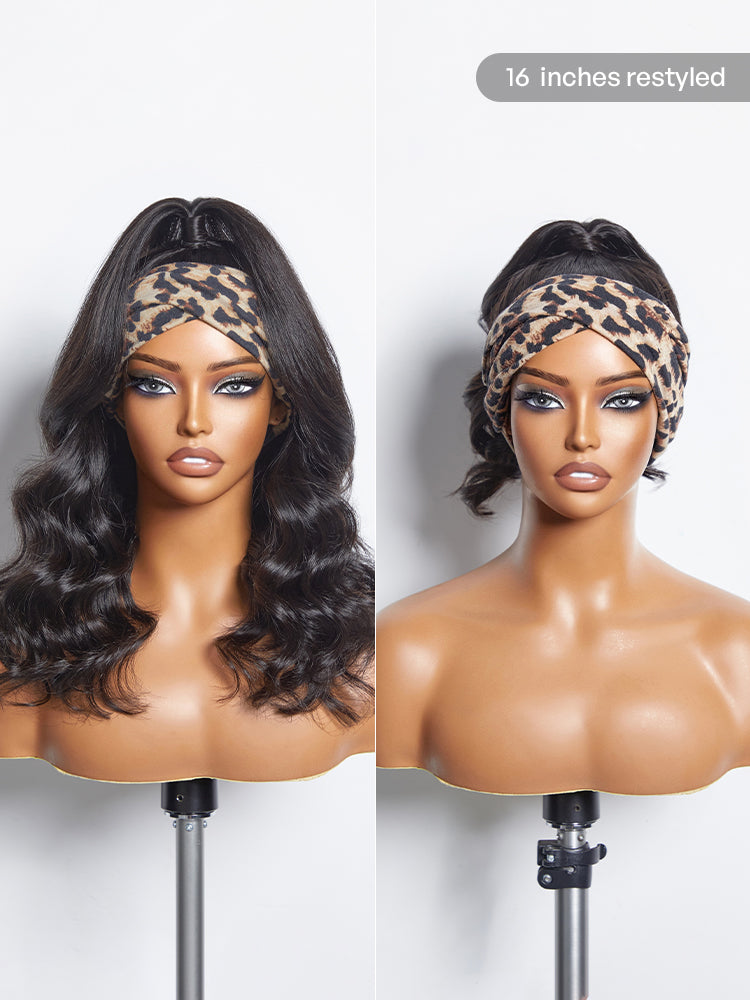 Luvme natural black body wave no lace glueless headband wig made of 100% human hair, long and styled with a headband.
