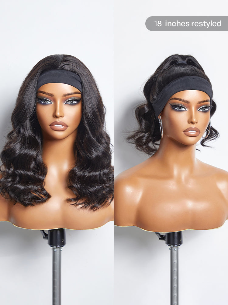Natural black body wave headband wig by Luvme, no lace, glueless, long length, made from 100% human hair.