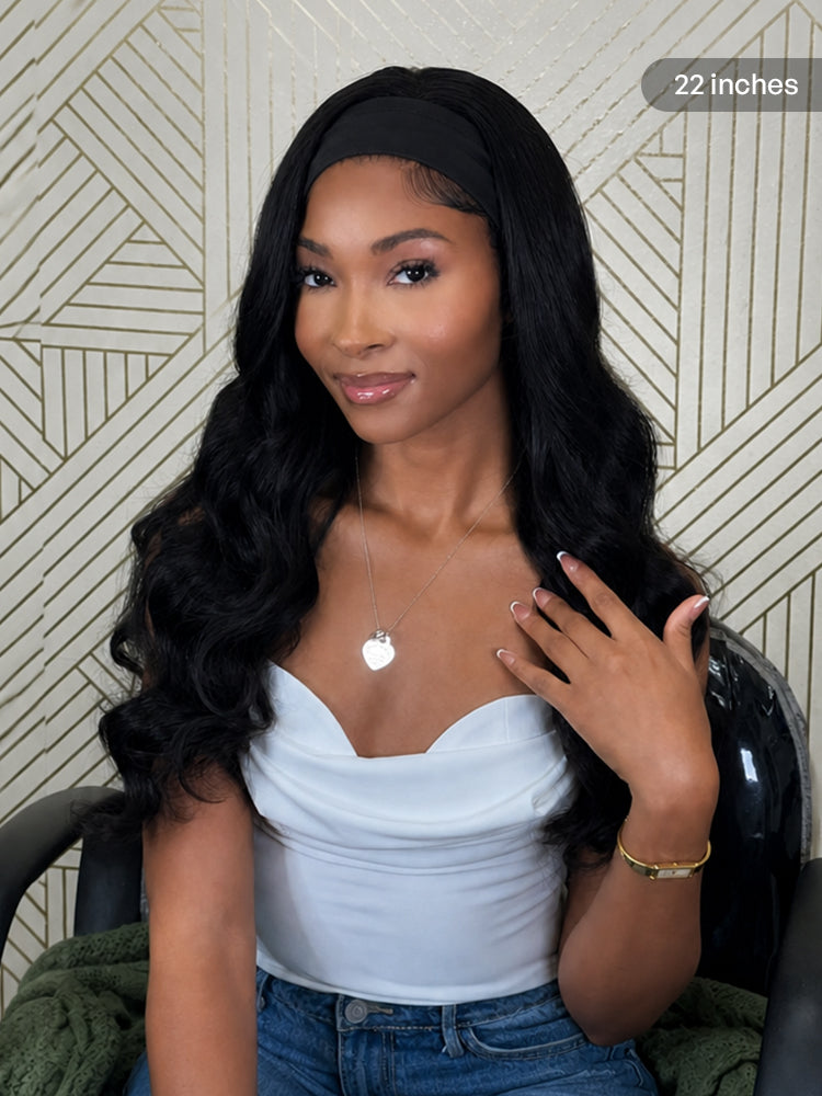 Natural black body wave headband wig by Luvme, made from 100% human hair, no lace, glueless, long length.