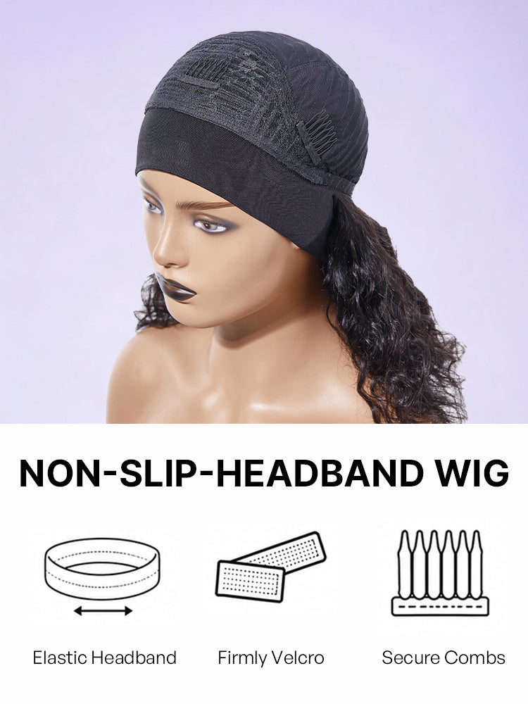 Natural black body wave headband wig by Luvme, glueless, no lace, made from 100% human hair, long and versatile for various styles.