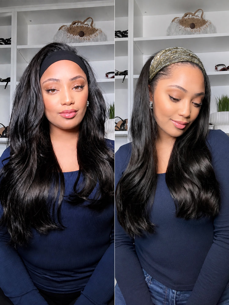 Natural Black Body Wave No Lace Glueless Long Headband Wig 100% Human Hair-13