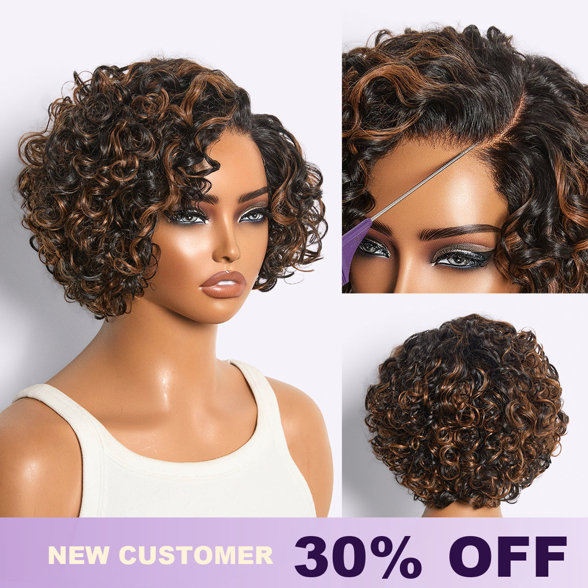 Luvme Hair water wave pixie cut wig with natural black and brown highlights, short curly style, glueless HD lace for new customers.