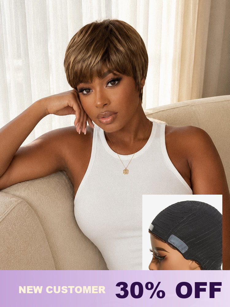 Luvme Hair throw-on go short cut wig with bangs, cotton cap, glueless design, comfortable fit, ideal for hair loss concealment.