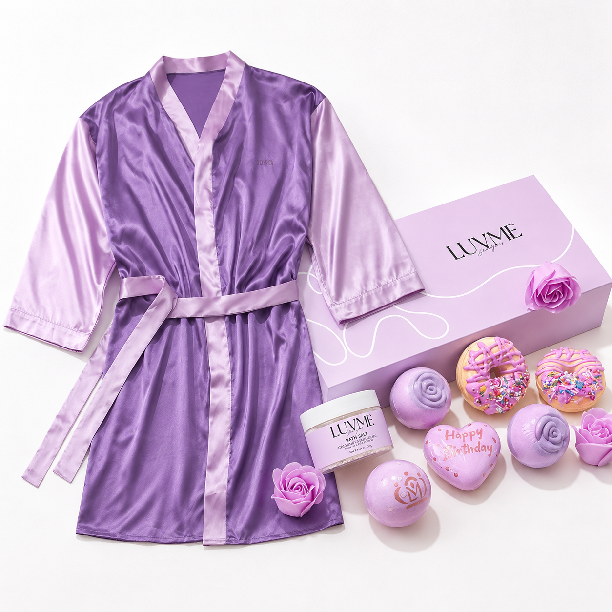 Luvme Luxury Birthday Spa Set featuring a satin robe and bath bomb gift box for a relaxing self-care experience