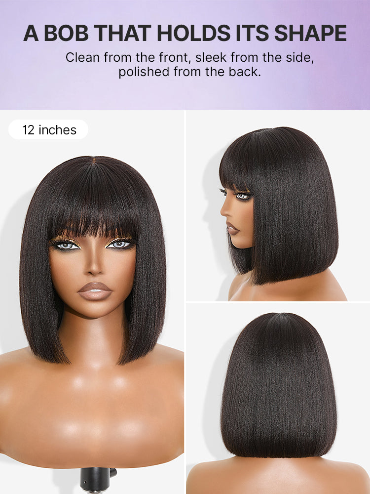 Luvme Put On and Go realistic glueless Yaki straight bob lace wig with bangs, 100% human hair, minimalist design