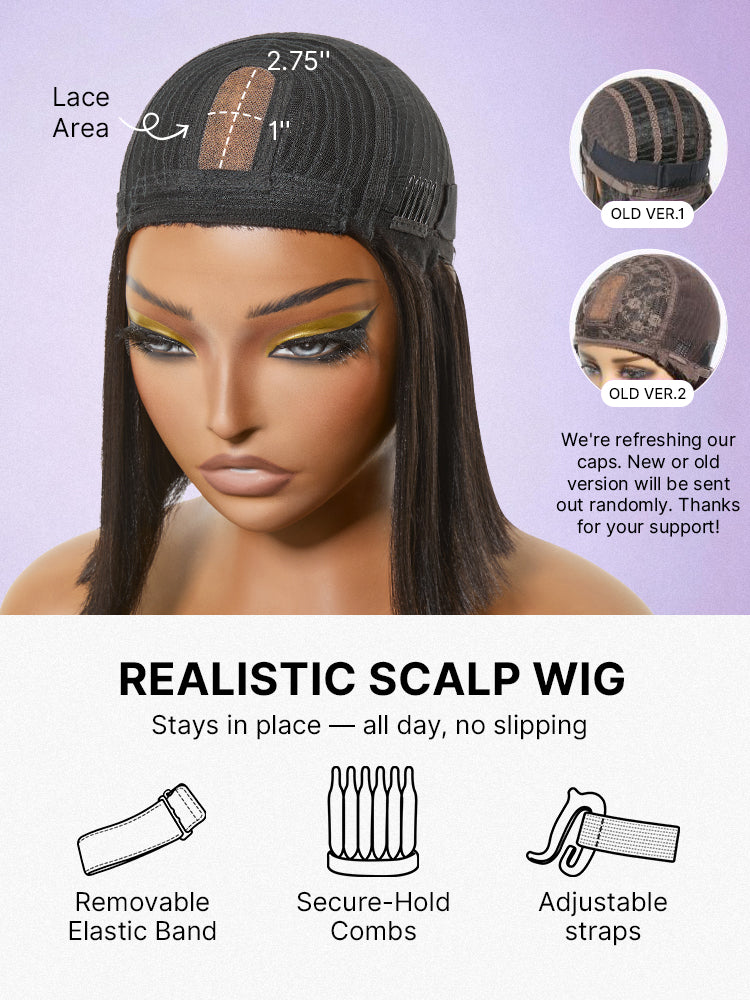 Luvme Put On and Go realistic glueless Yaki straight bob lace wig with bangs, 100% human hair, minimalist design.