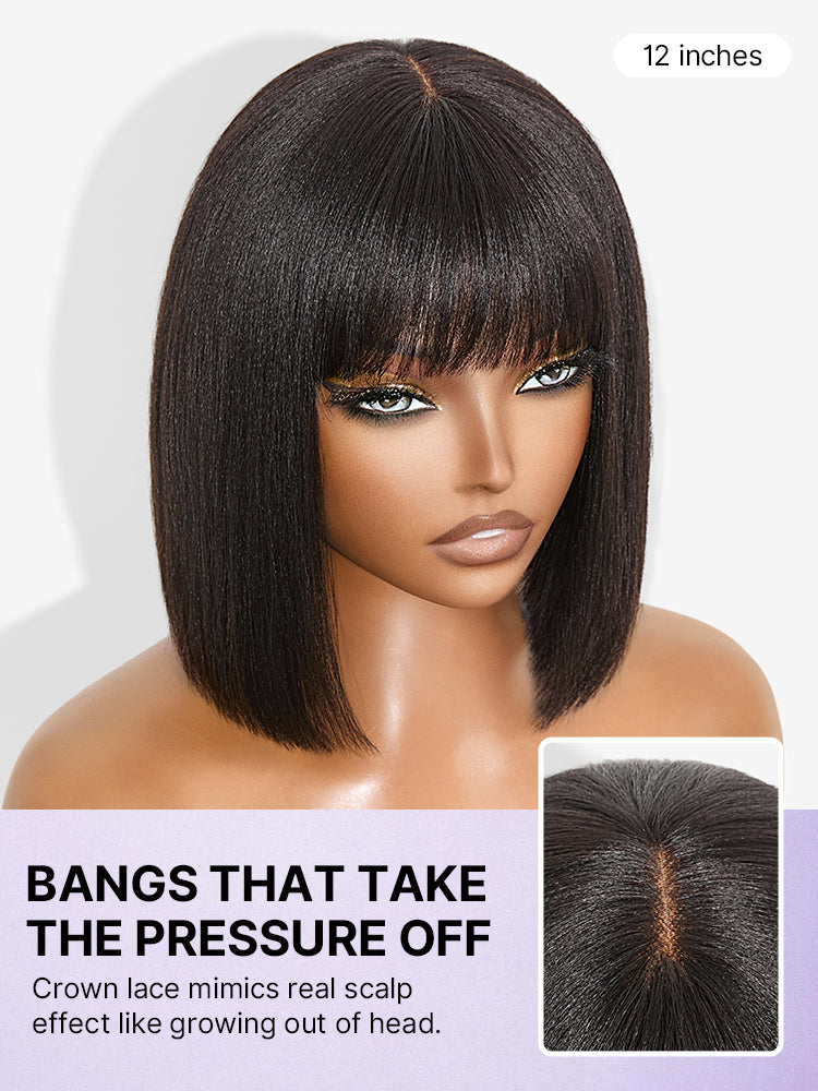 Luvme Put On and Go realistic glueless Yaki straight bob lace wig with bangs, 100% human hair, minimalist design.