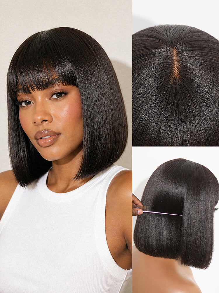 Luvme Put On and Go realistic glueless Yaki straight bob lace wig with bangs, 100% human hair, minimalist design.