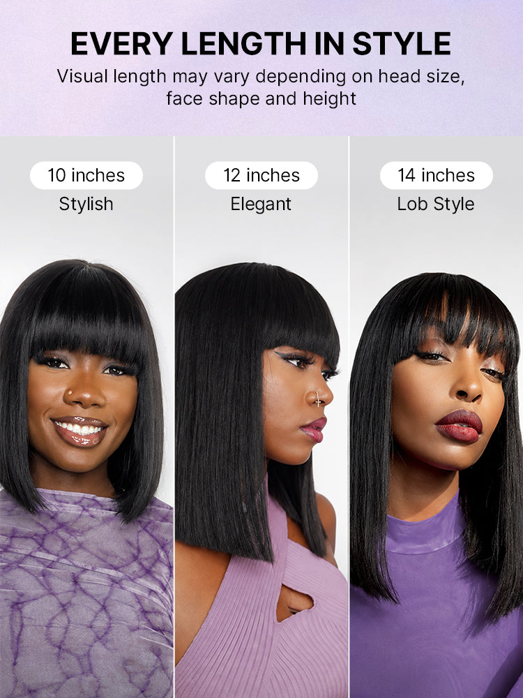 Luvme Put On and Go realistic glueless Yaki straight bob wig with bangs, minimalist lace design, 100% human hair.