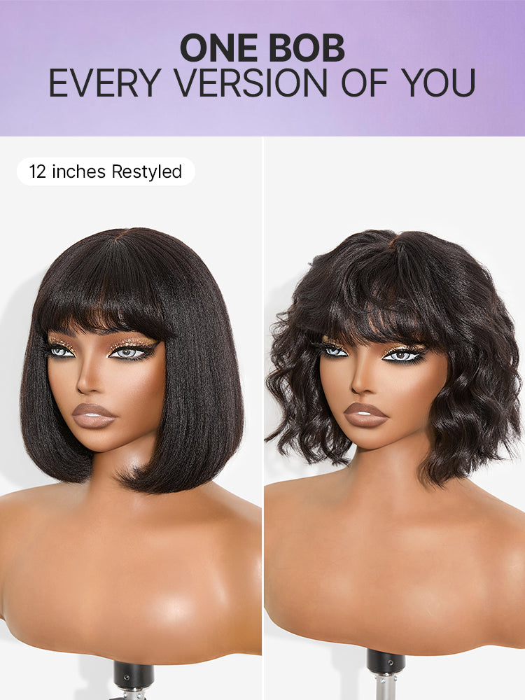 Luvme Put On and Go realistic glueless Yaki straight bob lace wig with bangs, 100% human hair, minimalist design