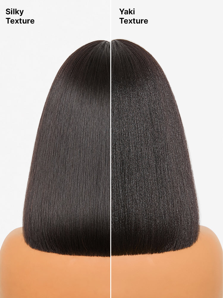 Luvme Put On and Go realistic glueless Yaki straight bob lace wig with bangs, 100% human hair, minimalist design