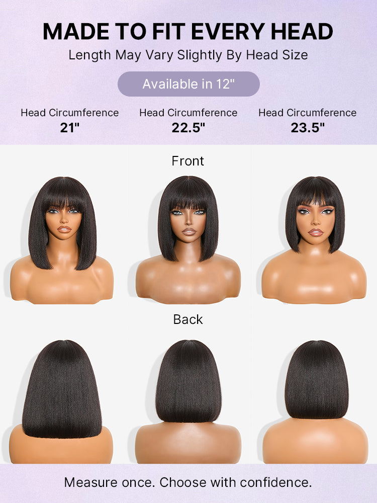 Luvme Put On and Go Realistic Yaki Straight Bob lace wig with bangs, 100% human hair, minimalist design, natural hairline.