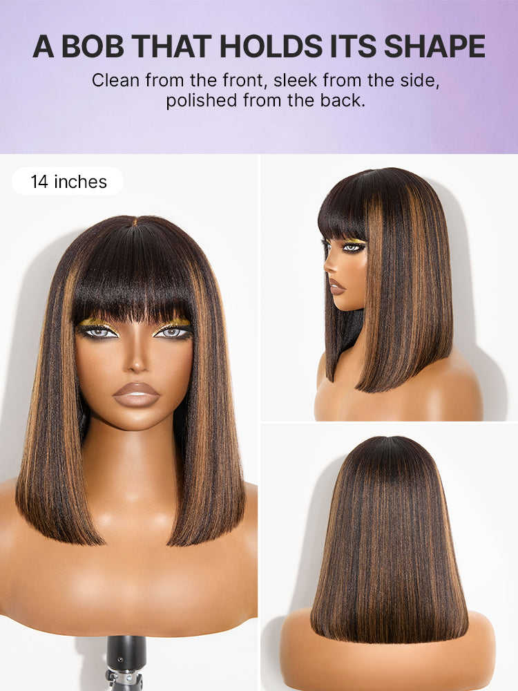 Luvme Put On and Go realistic glueless Yaki straight bob lace wig with bangs, 100% human hair, minimalist design.