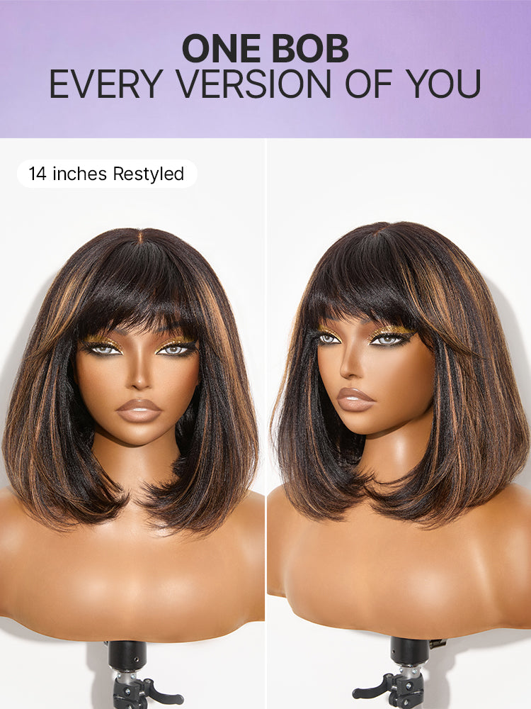 Luvme Put On and Go Realistic Glueless Yaki Straight Bob lace wig with bangs, 100% human hair, minimalist design, natural look