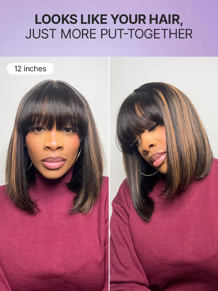 Luvme Put On and Go Realistic Glueless Yaki Straight Bob with Bangs Minimalist Lace Wig made of 100% human hair, styled with a natural bob cut