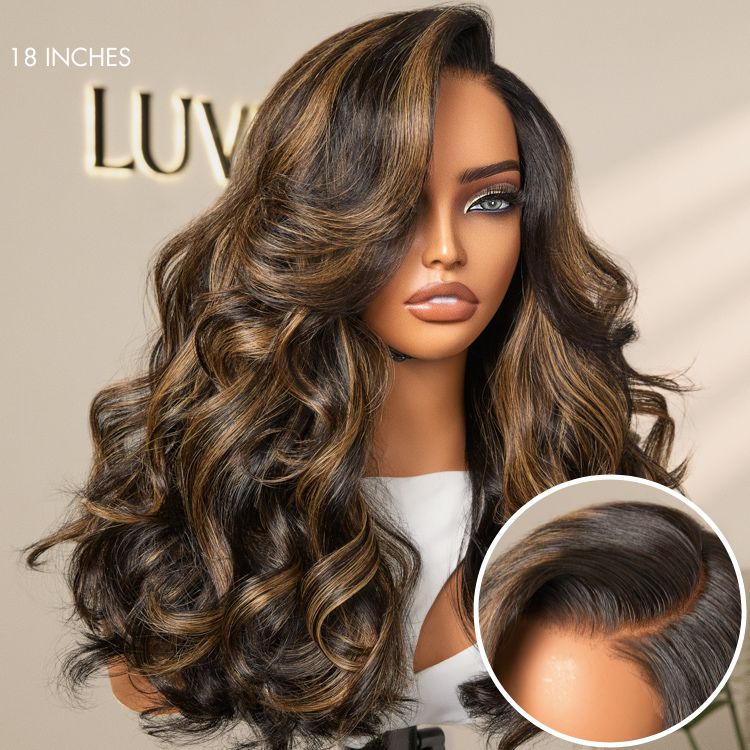 Luvme Hair brown highlight loose body wave glueless lace wig with pre-cut minimalist HD lace and 200% density.