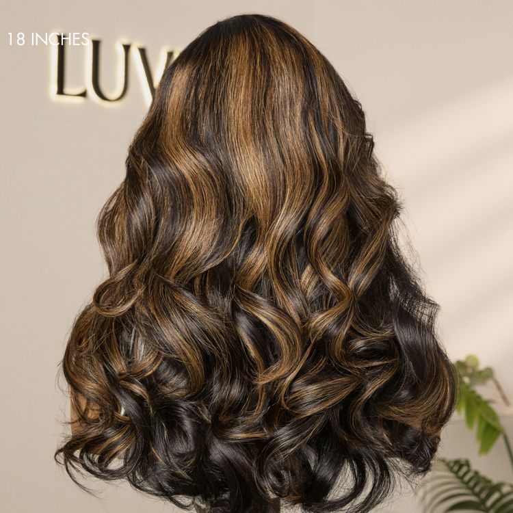 Luvme Hair brown highlight loose body wave glueless HD lace wig with pre-cut lace and 200% density for natural volume and style.