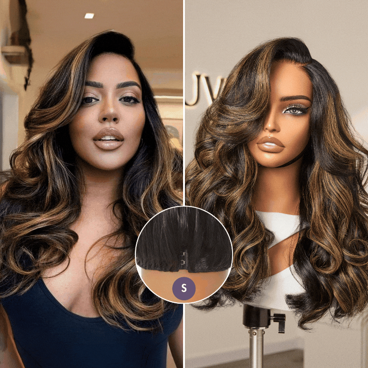 Luvme Hair brown highlight loose body wave glueless HD lace wig, pre-cut lace, 200% density, minimalistic design.