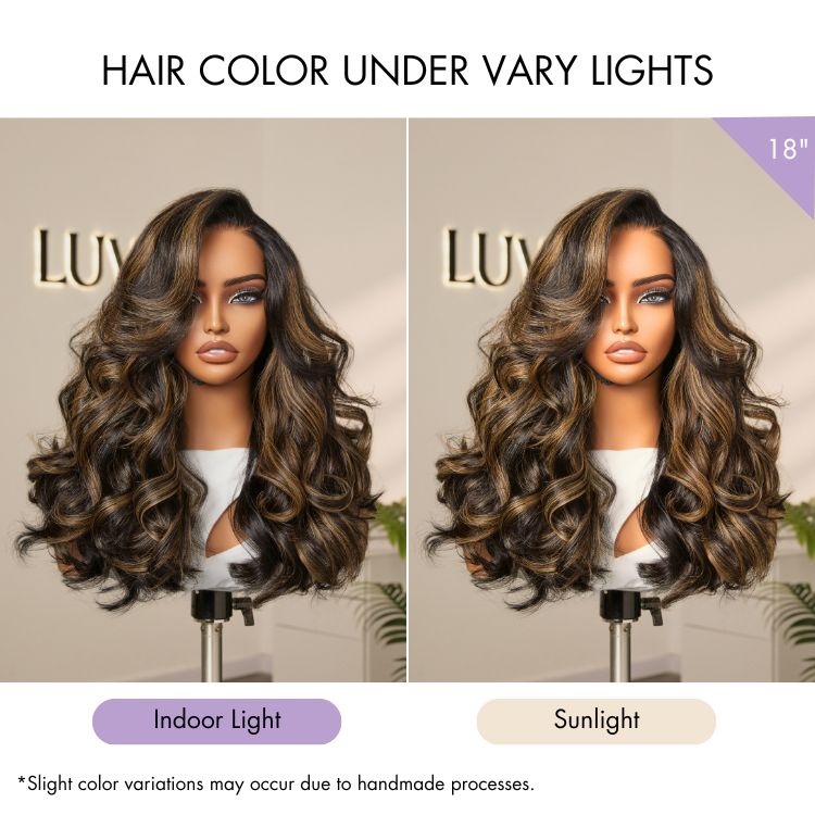 Luvme Hair brown highlight loose body wave HD lace wig with pre-cut lace and 200% density, glueless, minimalist style.
